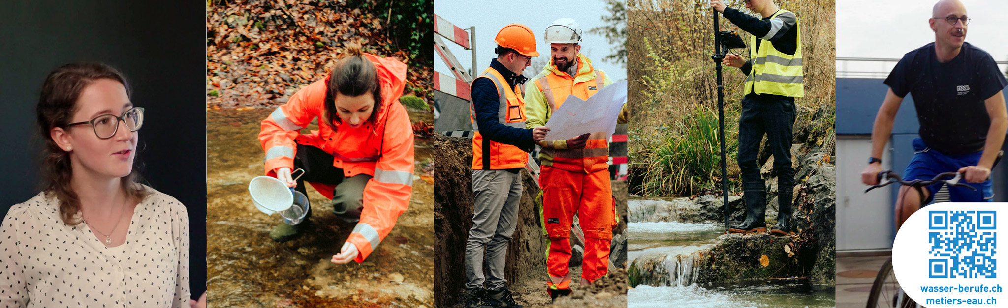 Una varietà di persone al lavoro in acqua e tutto intorno con un codice QR.
